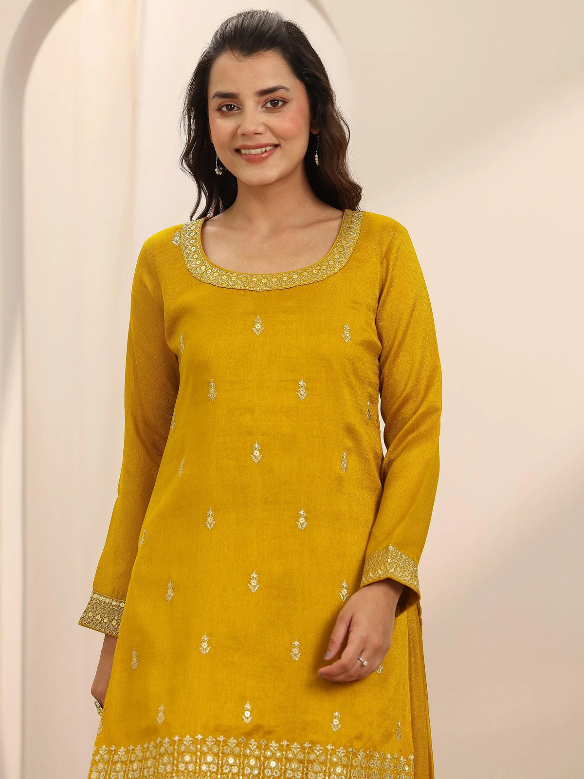 Libas Mustard Embellished Silk Blend Straight Suit Set With Dupatta