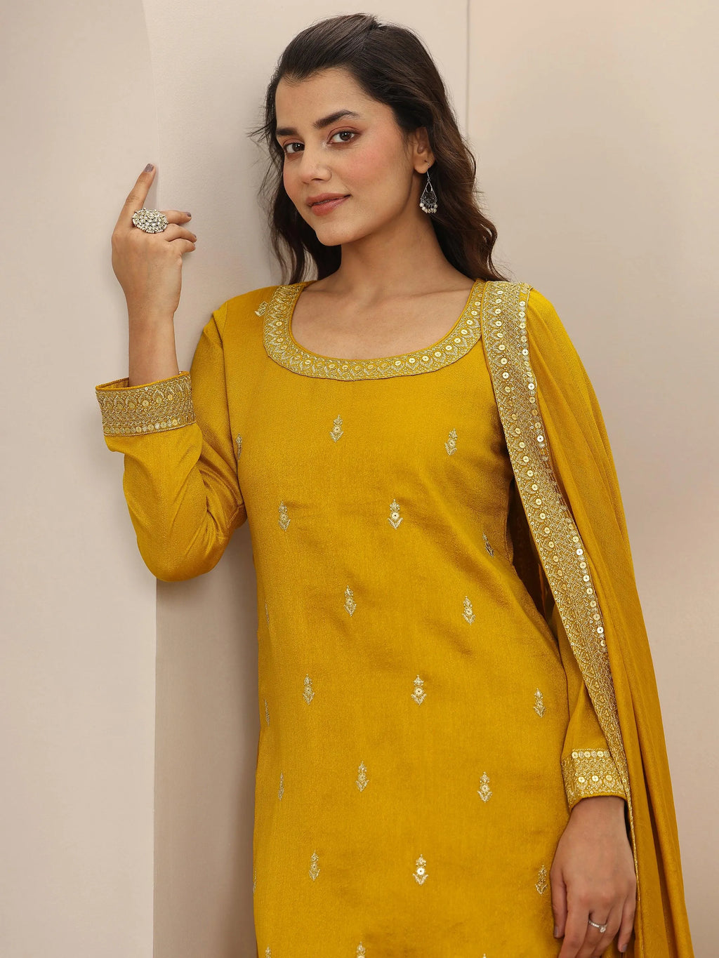 Libas Mustard Embellished Silk Blend Straight Suit Set With Dupatta