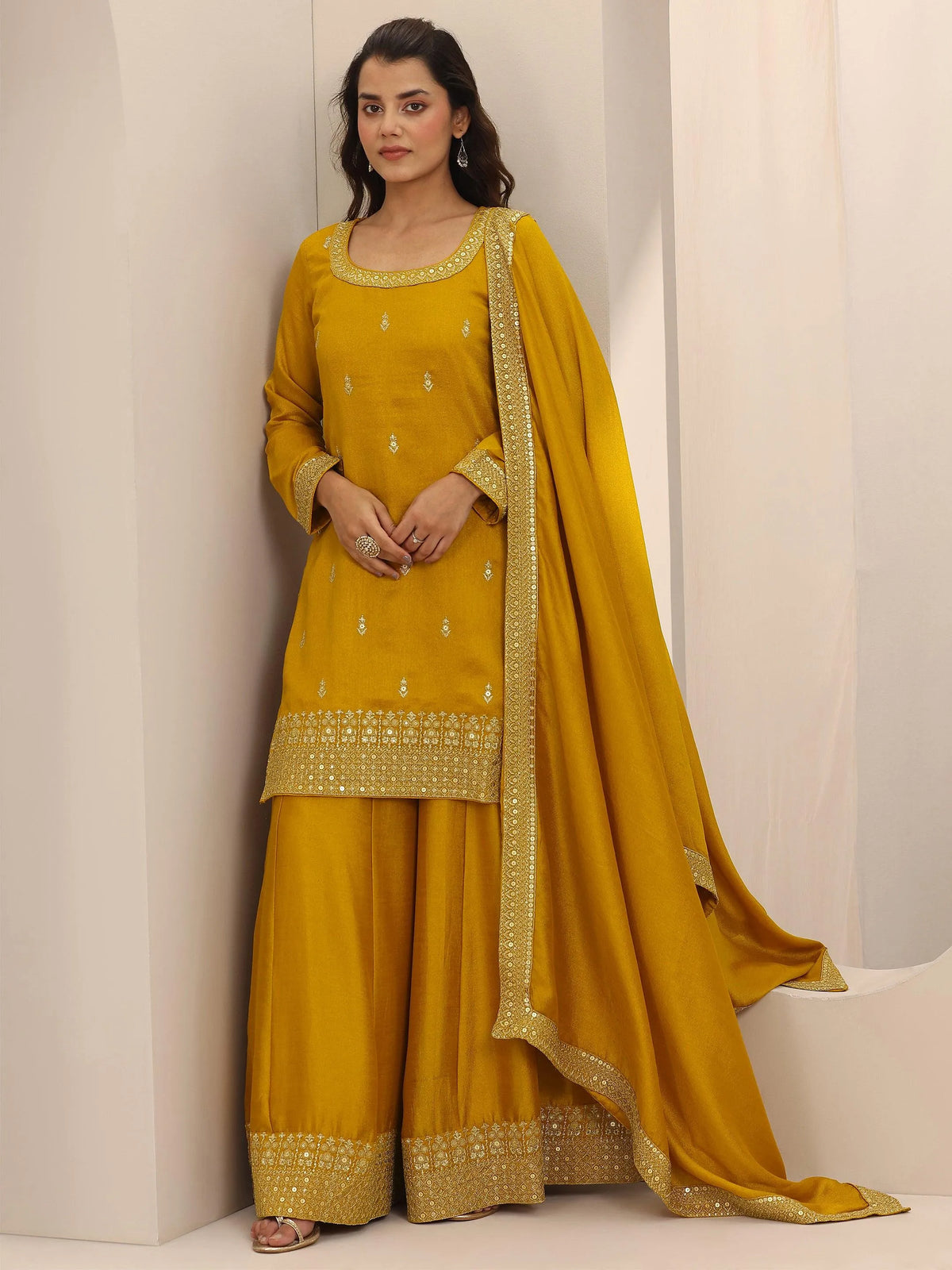 Libas Mustard Embellished Silk Blend Straight Suit Set With Dupatta