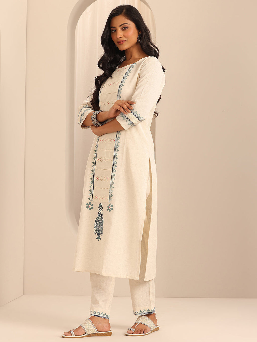 Libas Off White Printed Cotton Blend Straight Suit Set With Dupatta
