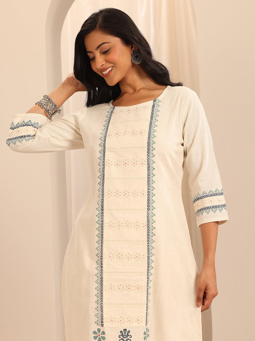 Libas Off White Printed Cotton Blend Straight Suit Set With Dupatta