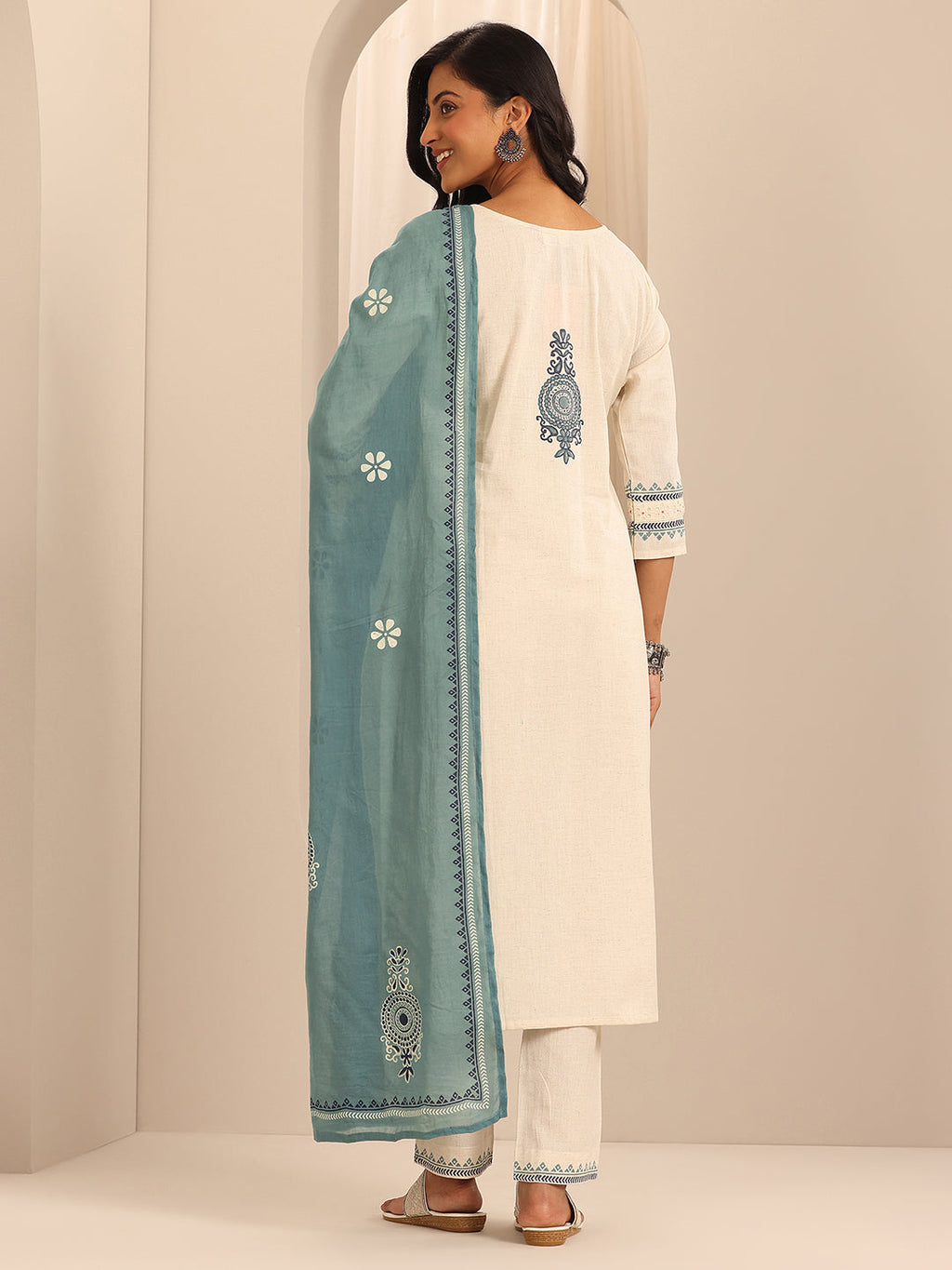 Libas Off White Printed Cotton Blend Straight Suit Set With Dupatta