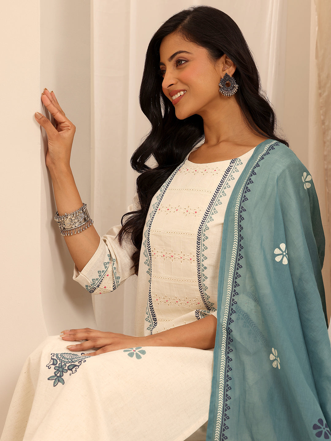 Libas Off White Printed Cotton Blend Straight Suit Set With Dupatta