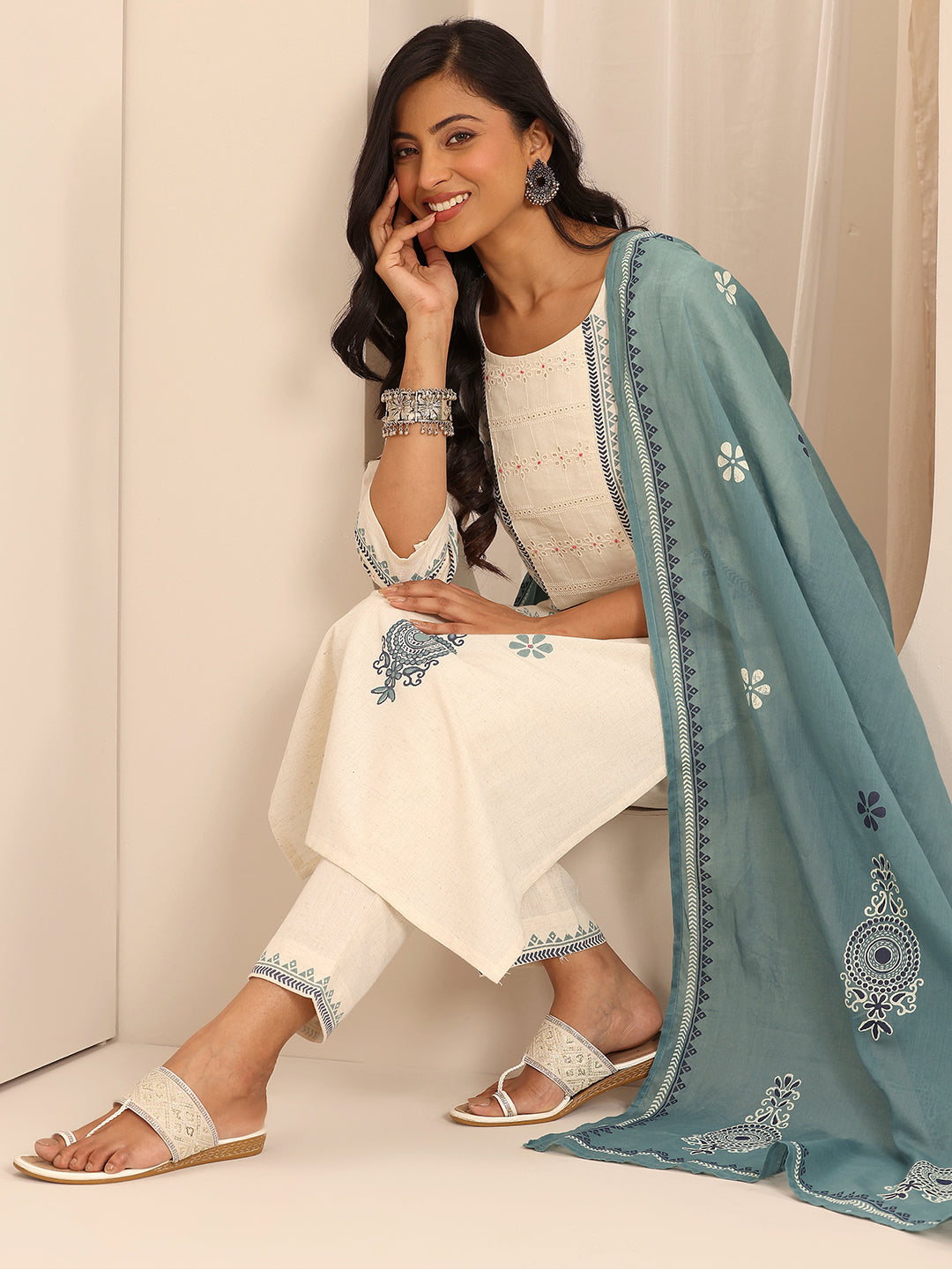Libas Off White Printed Cotton Blend Straight Suit Set With Dupatta