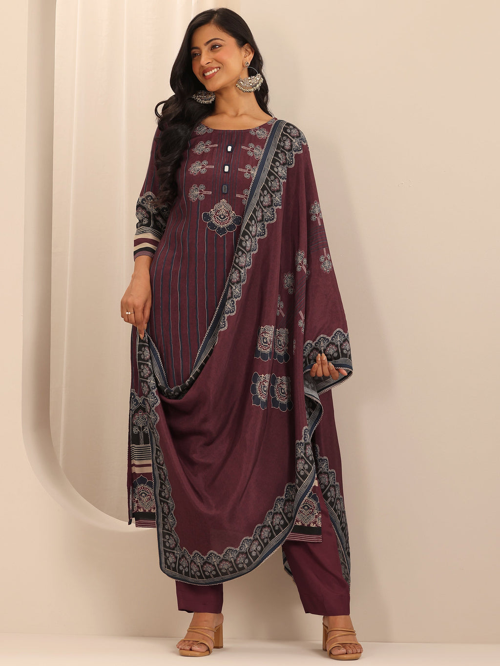 Libas Maroon Printed Muslin Straight Suit Set With Dupatta