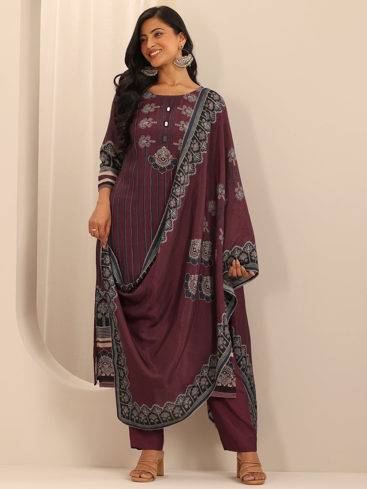 Libas Maroon Printed Muslin Straight Suit Set With Dupatta