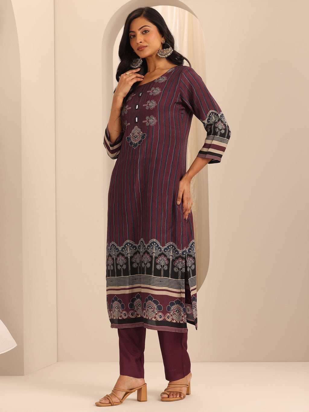 Libas Maroon Printed Muslin Straight Suit Set With Dupatta