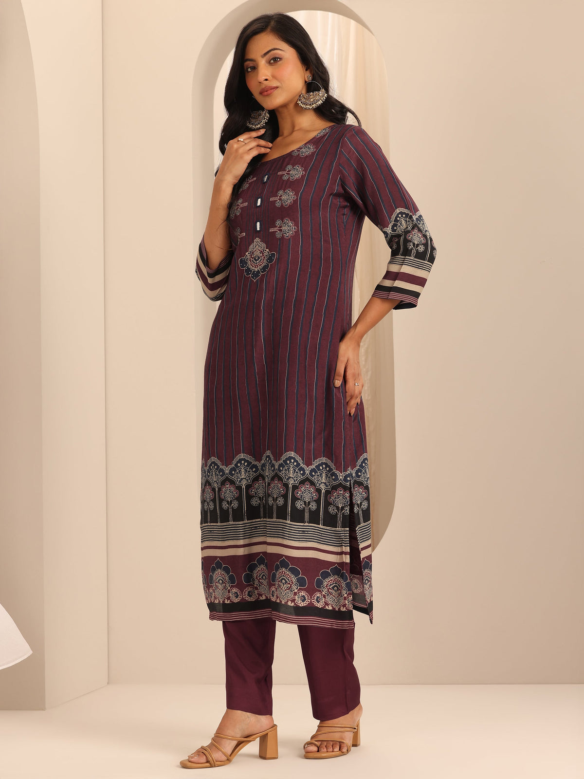 Libas Maroon Printed Muslin Straight Suit Set With Dupatta