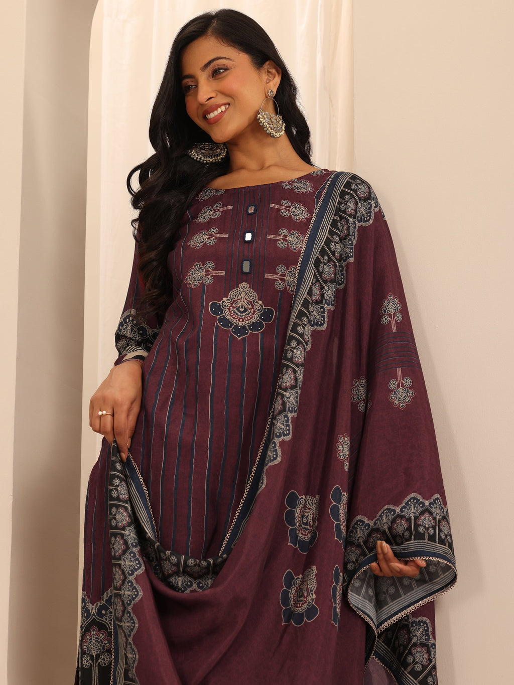 Libas Maroon Printed Muslin Straight Suit Set With Dupatta
