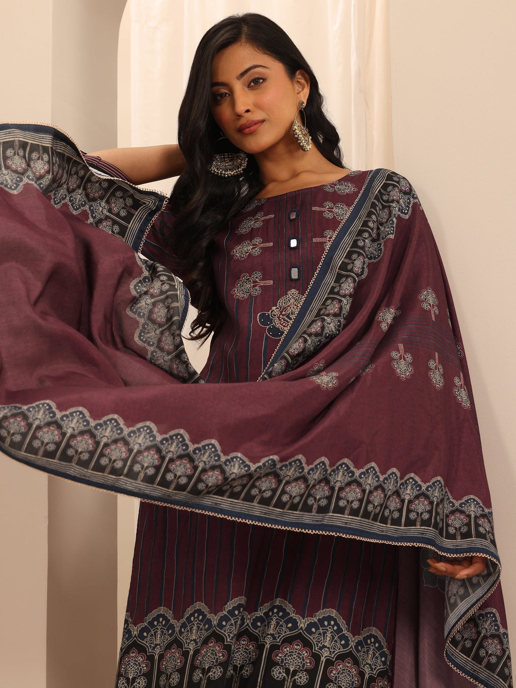 Libas Maroon Printed Muslin Straight Suit Set With Dupatta
