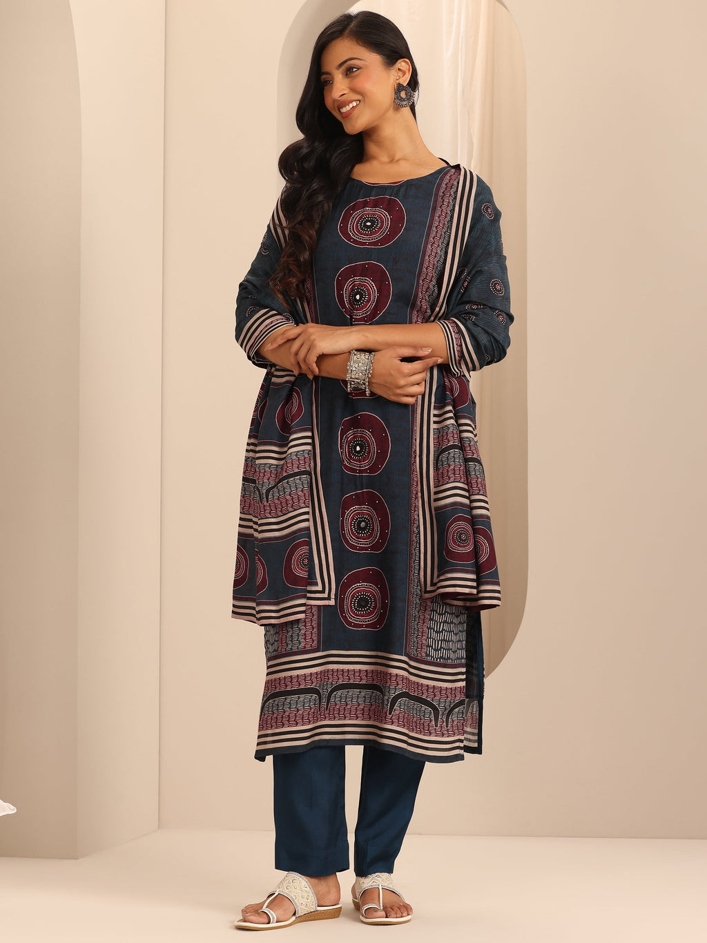 Libas Navy Blue Printed Muslin Straight Suit Set With Dupatta