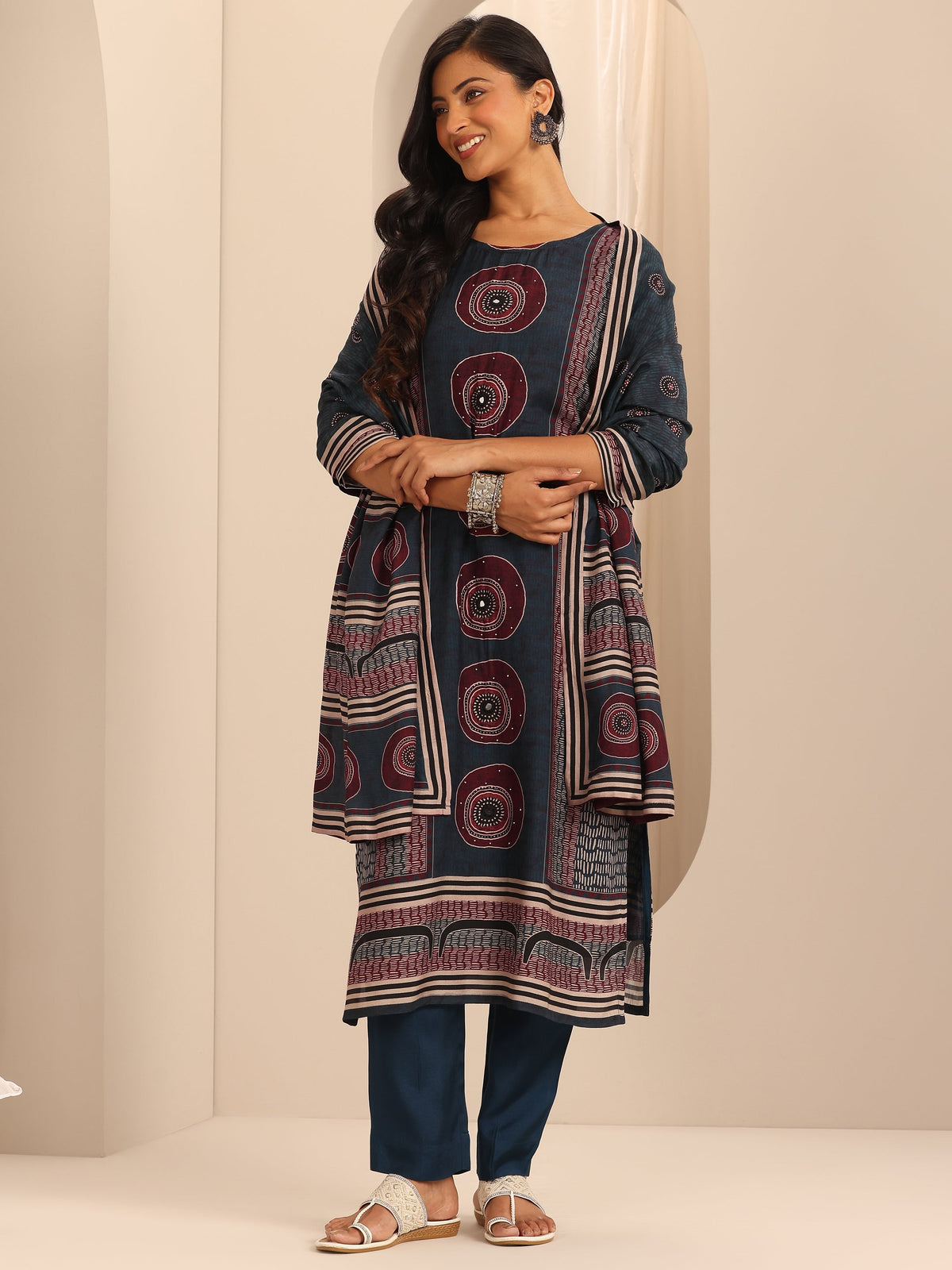 Libas Navy Blue Printed Muslin Straight Suit Set With Dupatta
