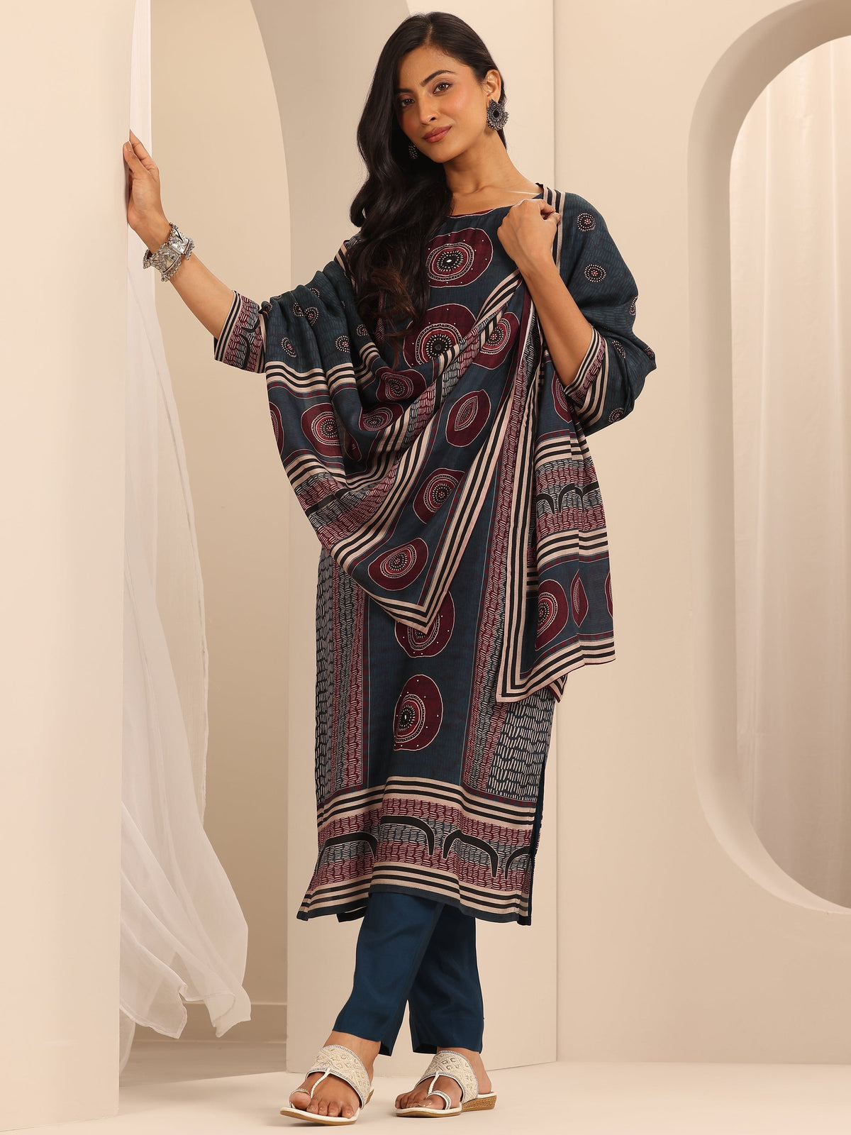 Libas Navy Blue Printed Muslin Straight Suit Set With Dupatta