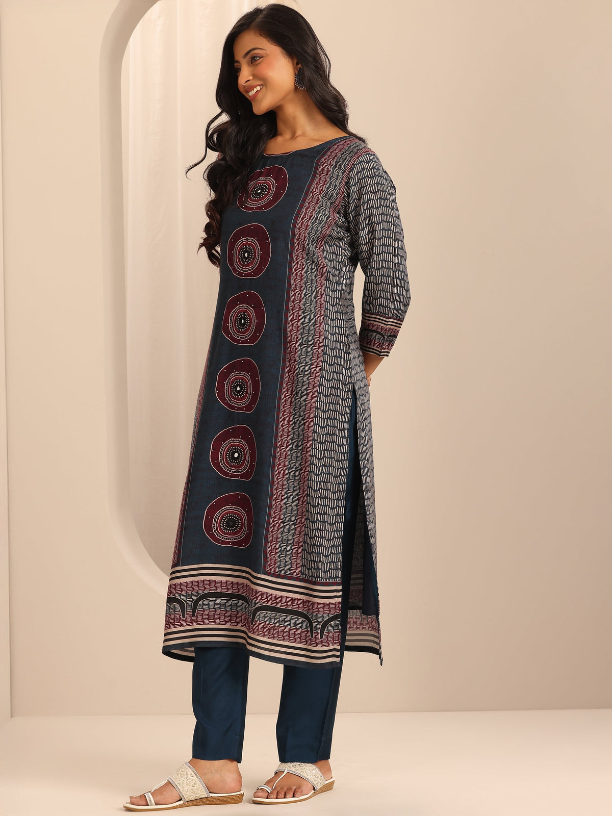 Libas Navy Blue Printed Muslin Straight Suit Set With Dupatta