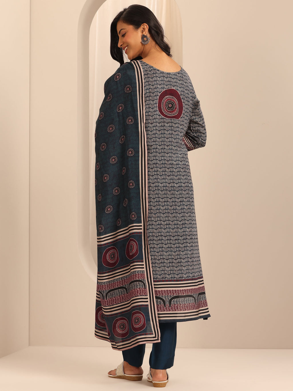 Libas Navy Blue Printed Muslin Straight Suit Set With Dupatta