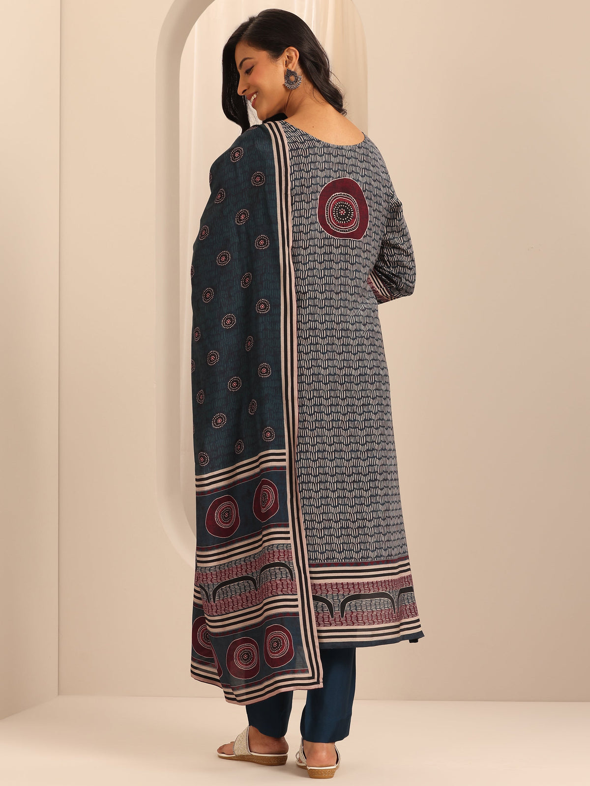 Libas Navy Blue Printed Muslin Straight Suit Set With Dupatta