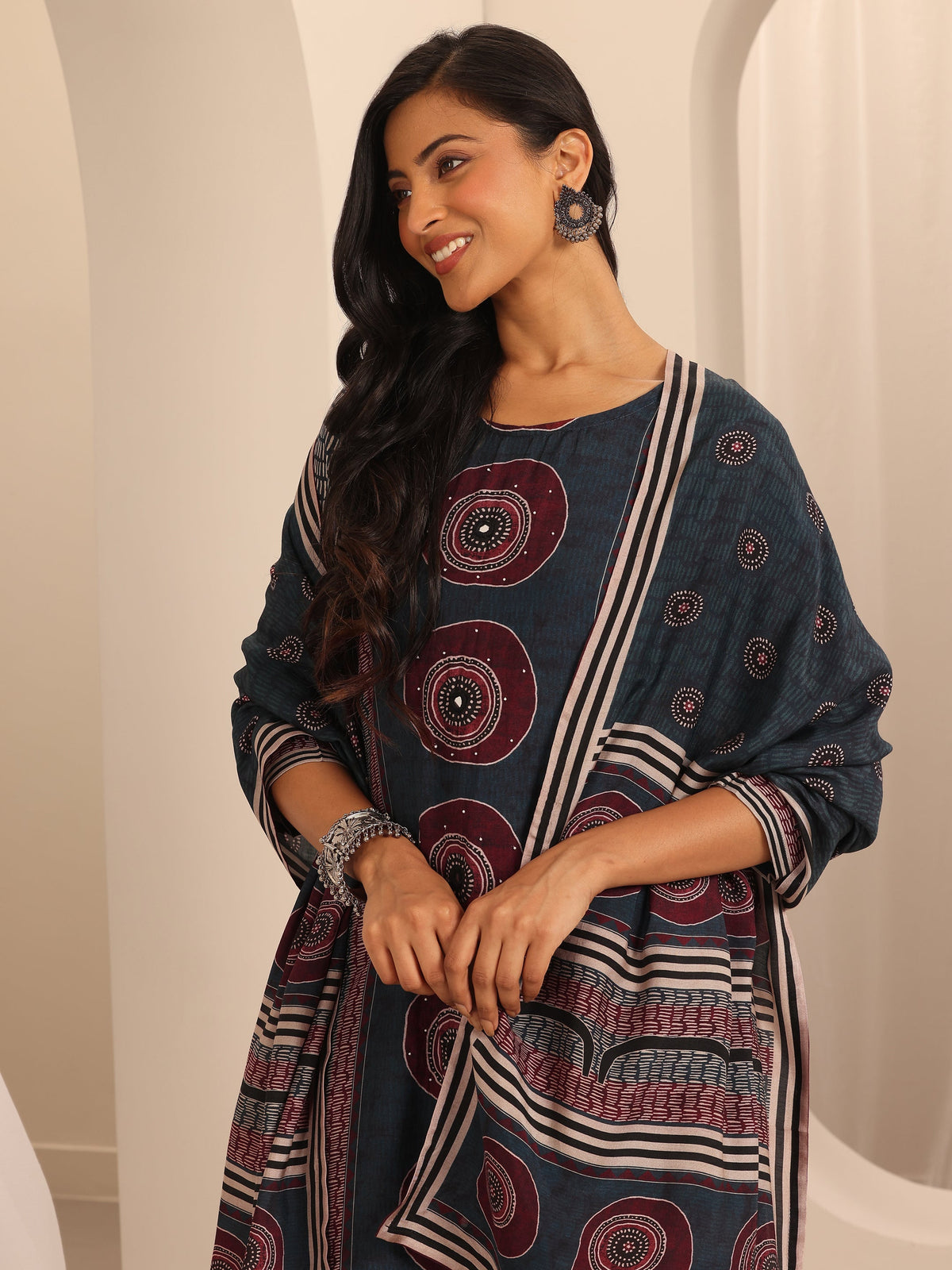 Libas Navy Blue Printed Muslin Straight Suit Set With Dupatta