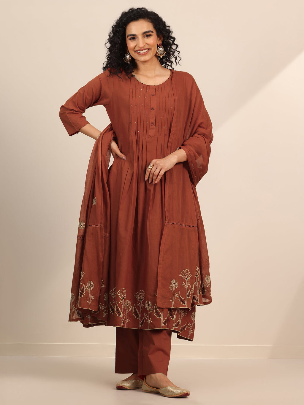 Libas Rust Embroidered Cotton Blend Anarkali Suit Set With Dupatta