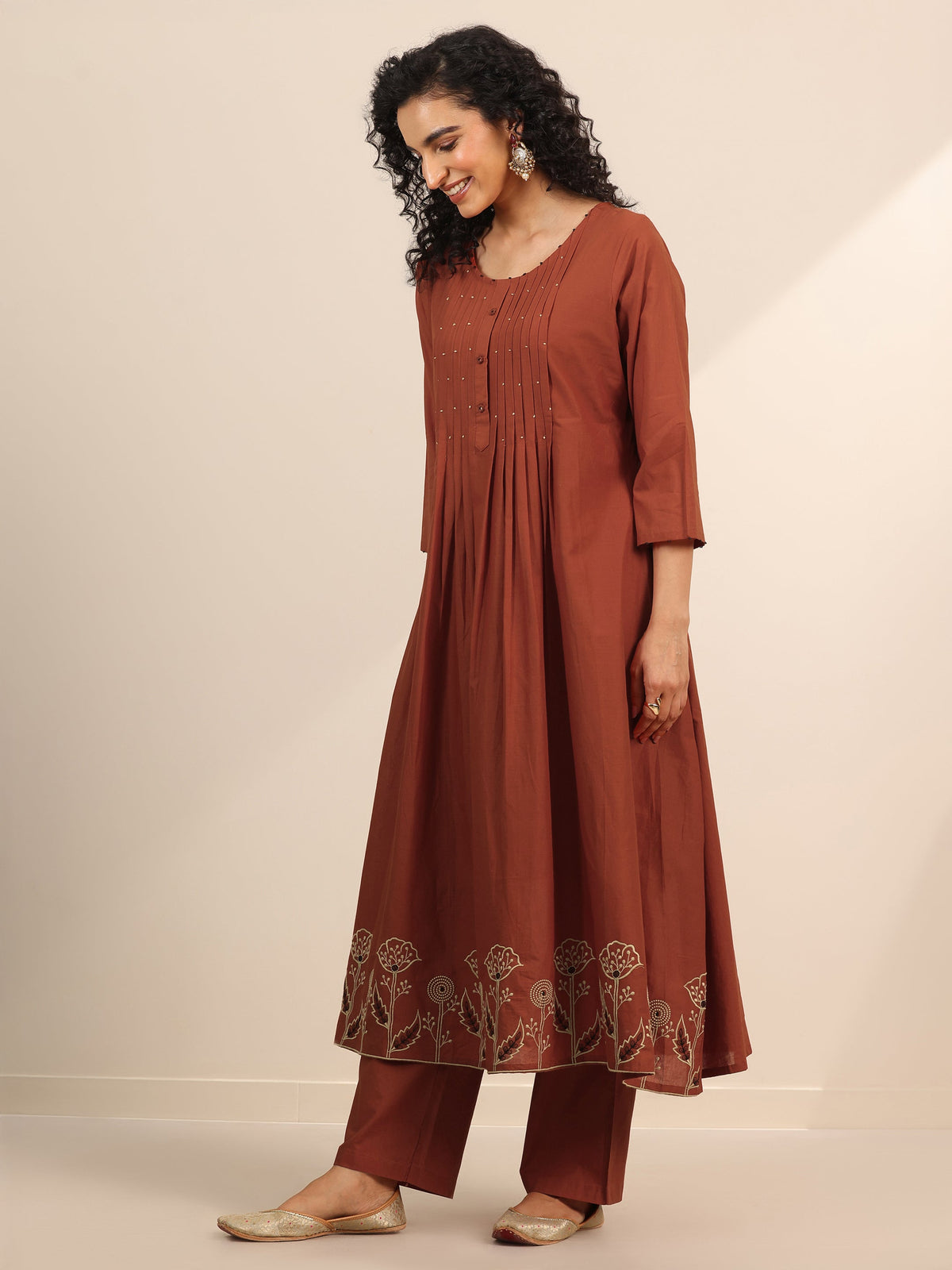 Libas Rust Embroidered Cotton Blend Anarkali Suit Set With Dupatta