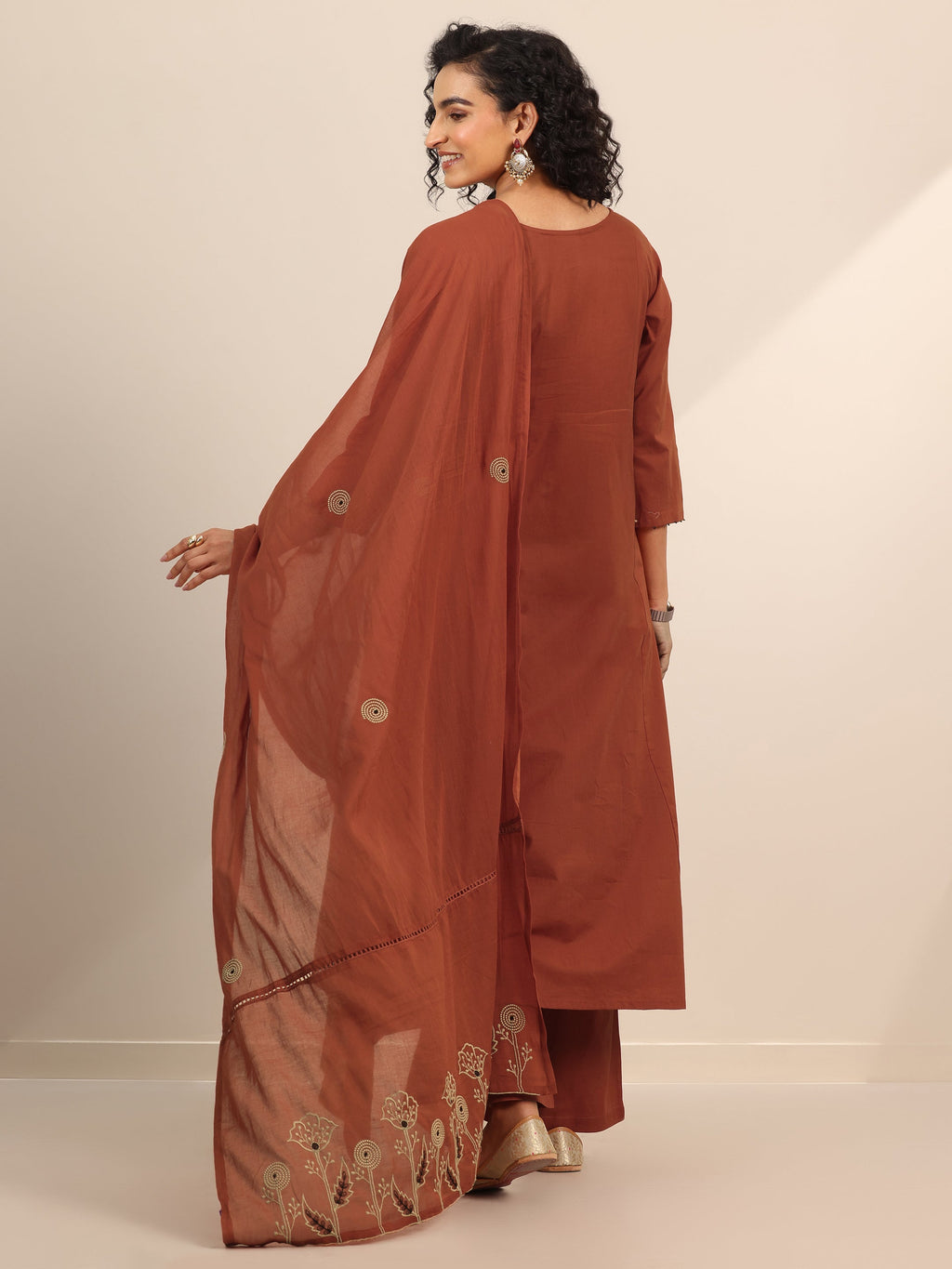 Libas Rust Embroidered Cotton Blend Anarkali Suit Set With Dupatta