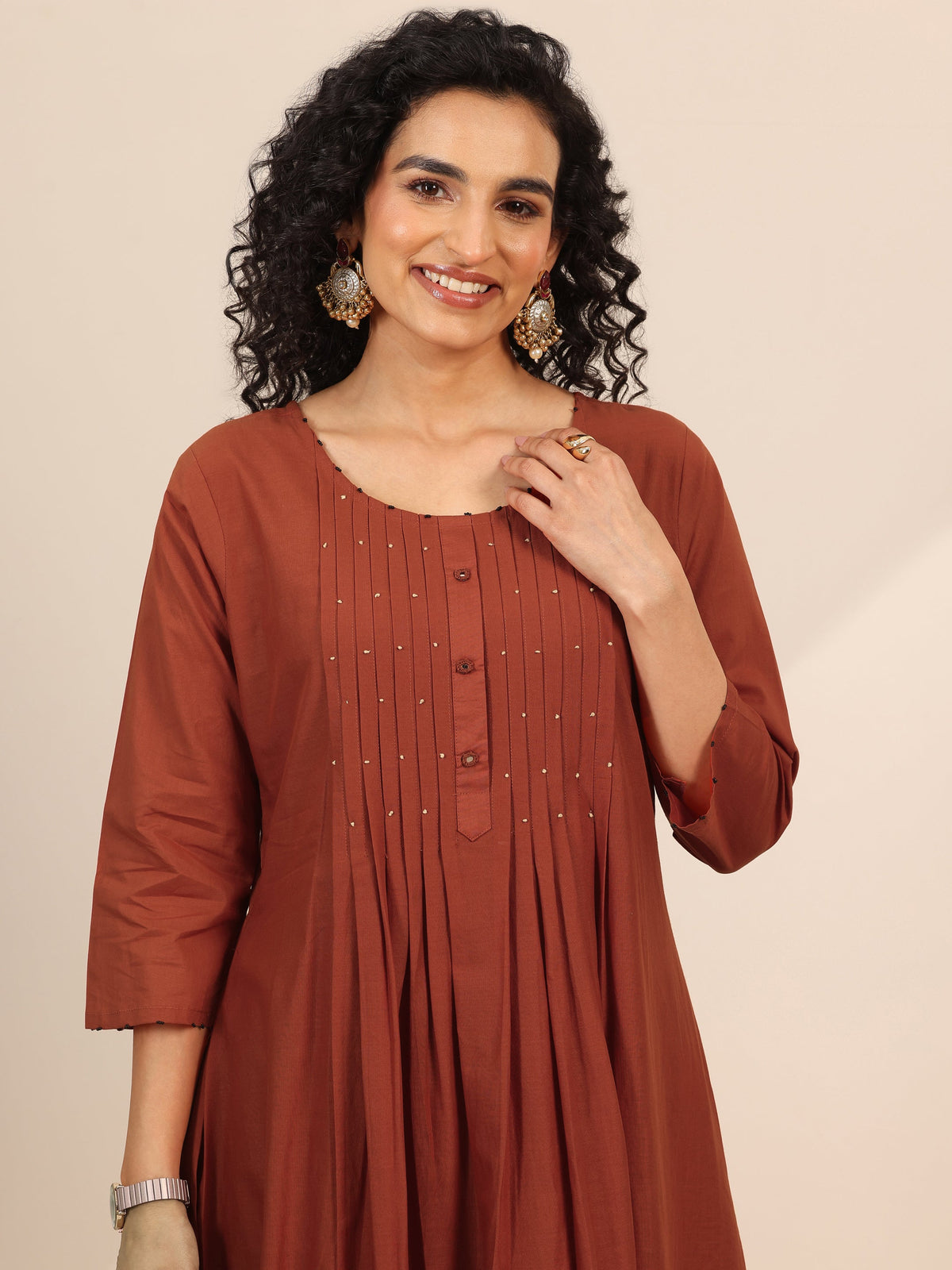 Libas Rust Embroidered Cotton Blend Anarkali Suit Set With Dupatta