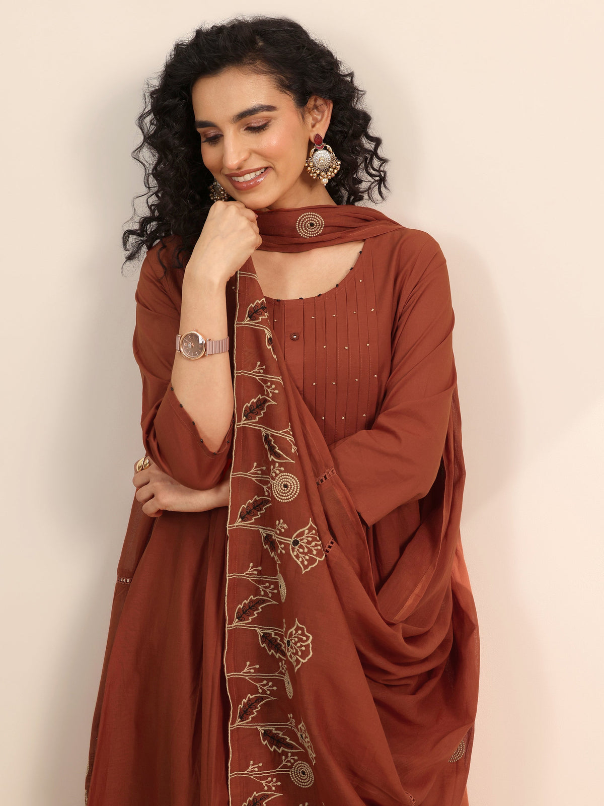 Libas Rust Embroidered Cotton Blend Anarkali Suit Set With Dupatta