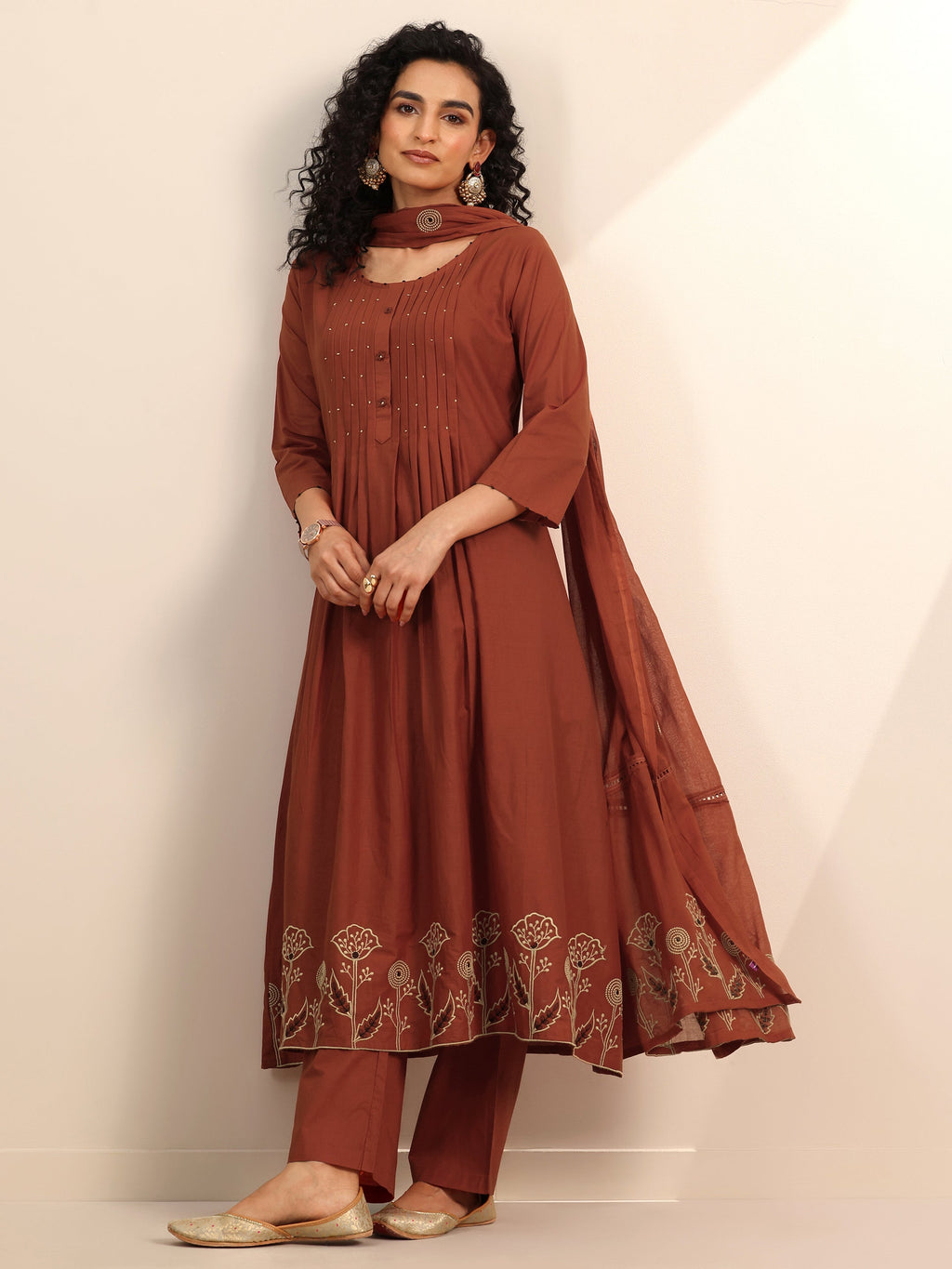 Libas Rust Embroidered Cotton Blend Anarkali Suit Set With Dupatta