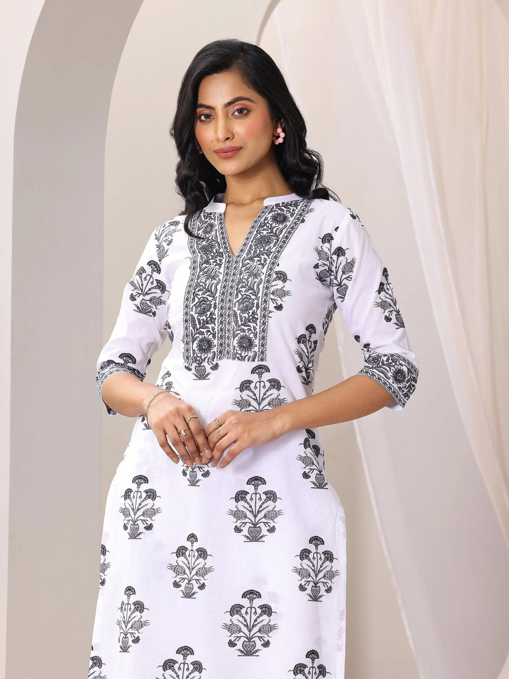 Libas White Printed Cotton Blend Straight Suit Set With Dupatta