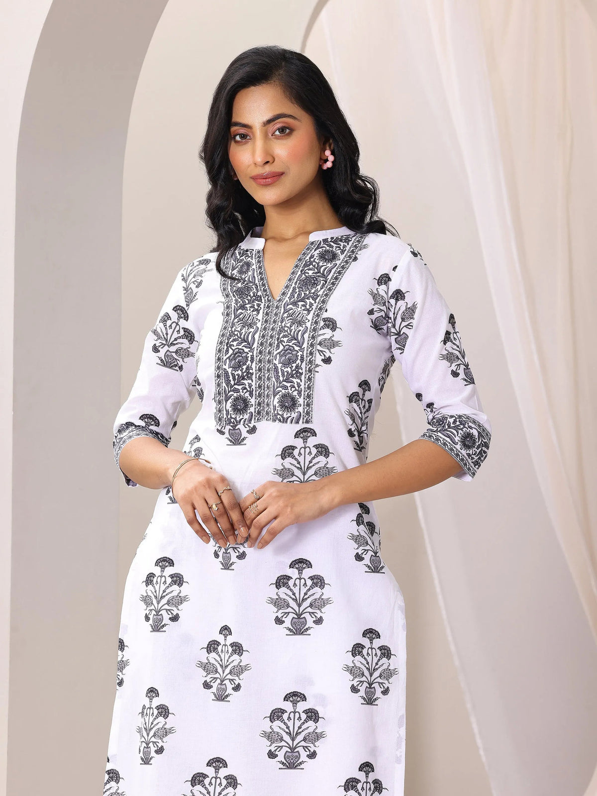 Libas White Printed Cotton Blend Straight Suit Set With Dupatta