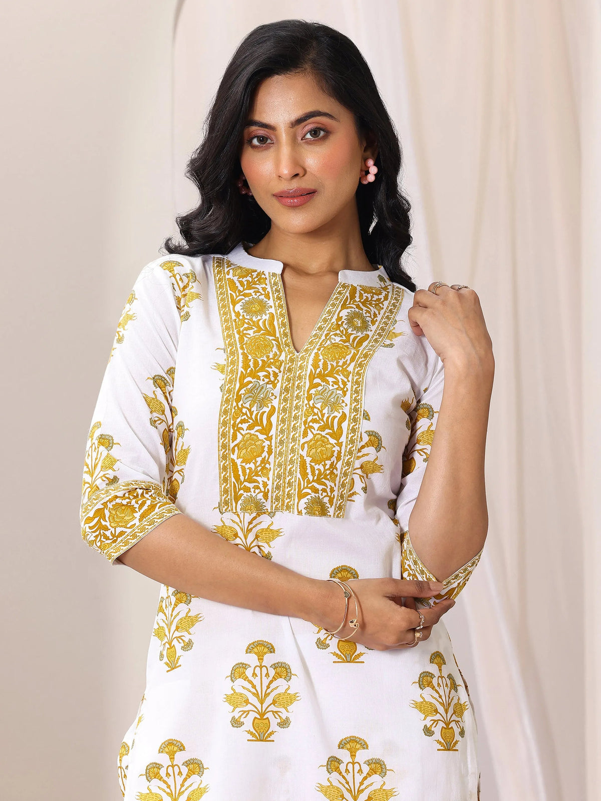 Libas White Printed Cotton Blend Straight Suit Set With Dupatta