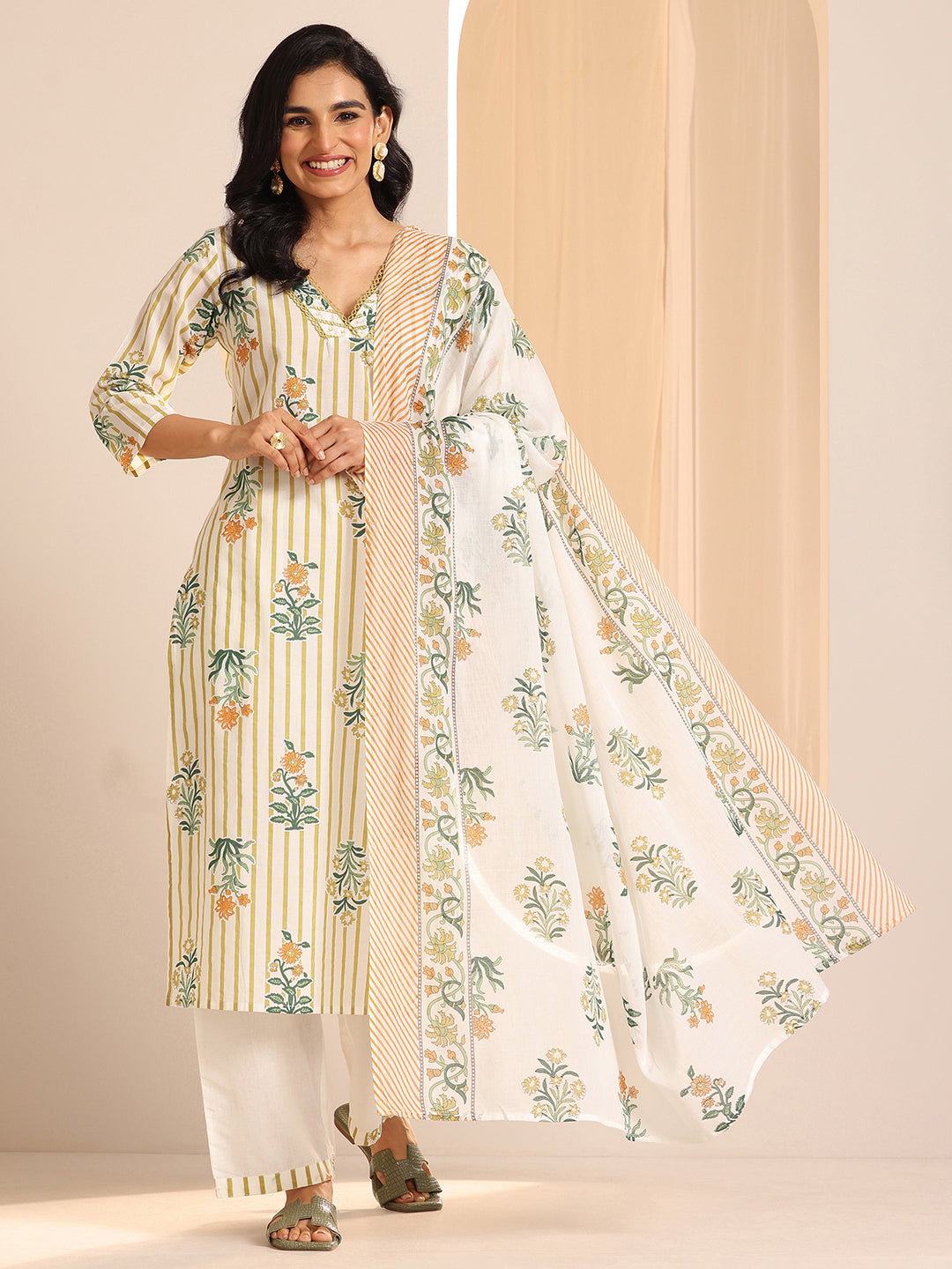 Libas Off White Printed Cotton Straight Suit Sets With Dupatta