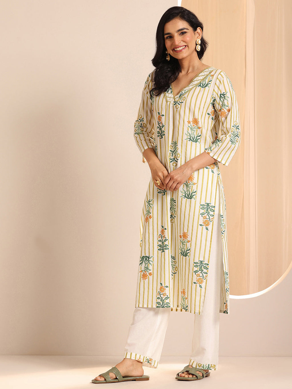 Libas Off White Printed Cotton Straight Suit Sets With Dupatta