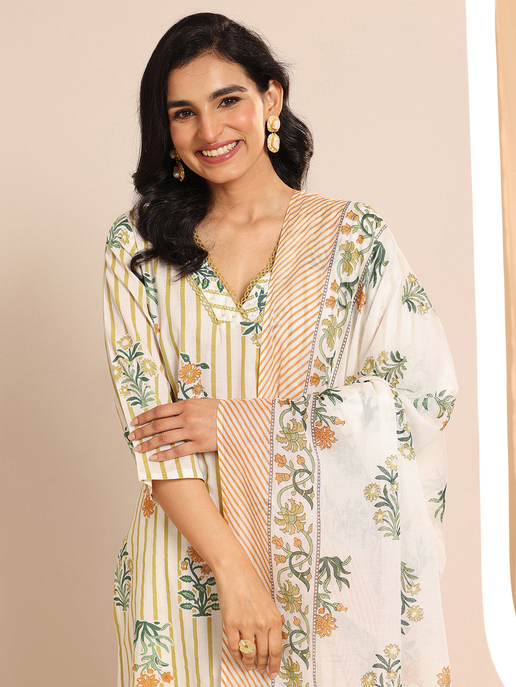 Libas Off White Printed Cotton Straight Suit Sets With Dupatta