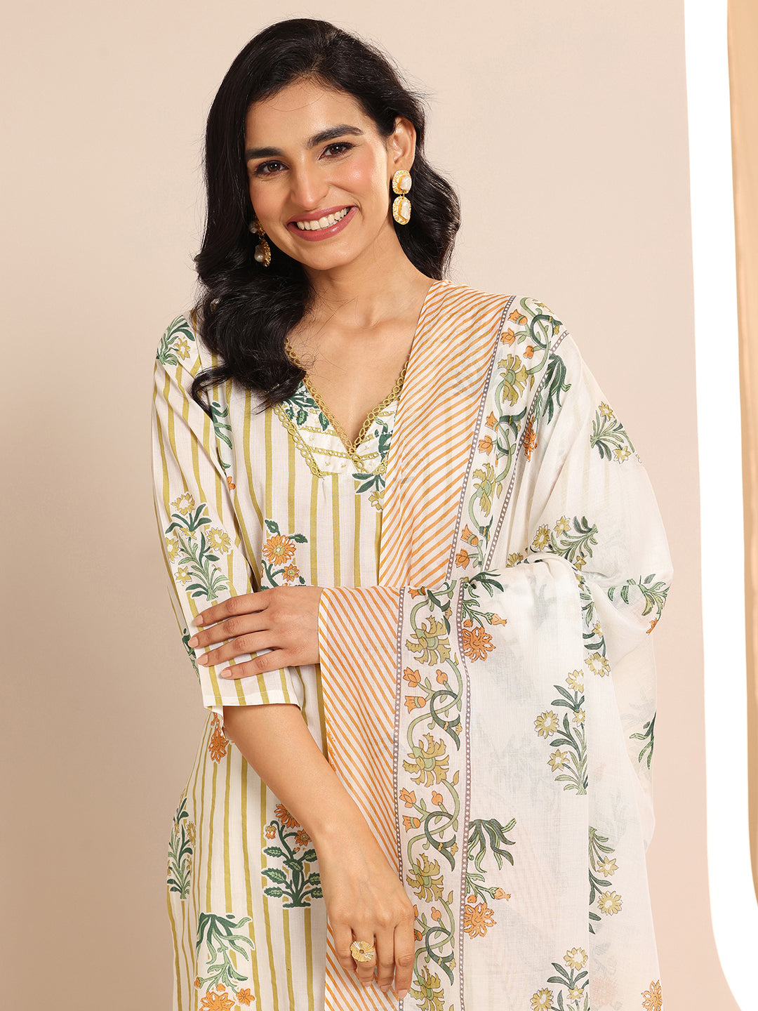 Libas Off White Printed Cotton Straight Suit Sets With Dupatta