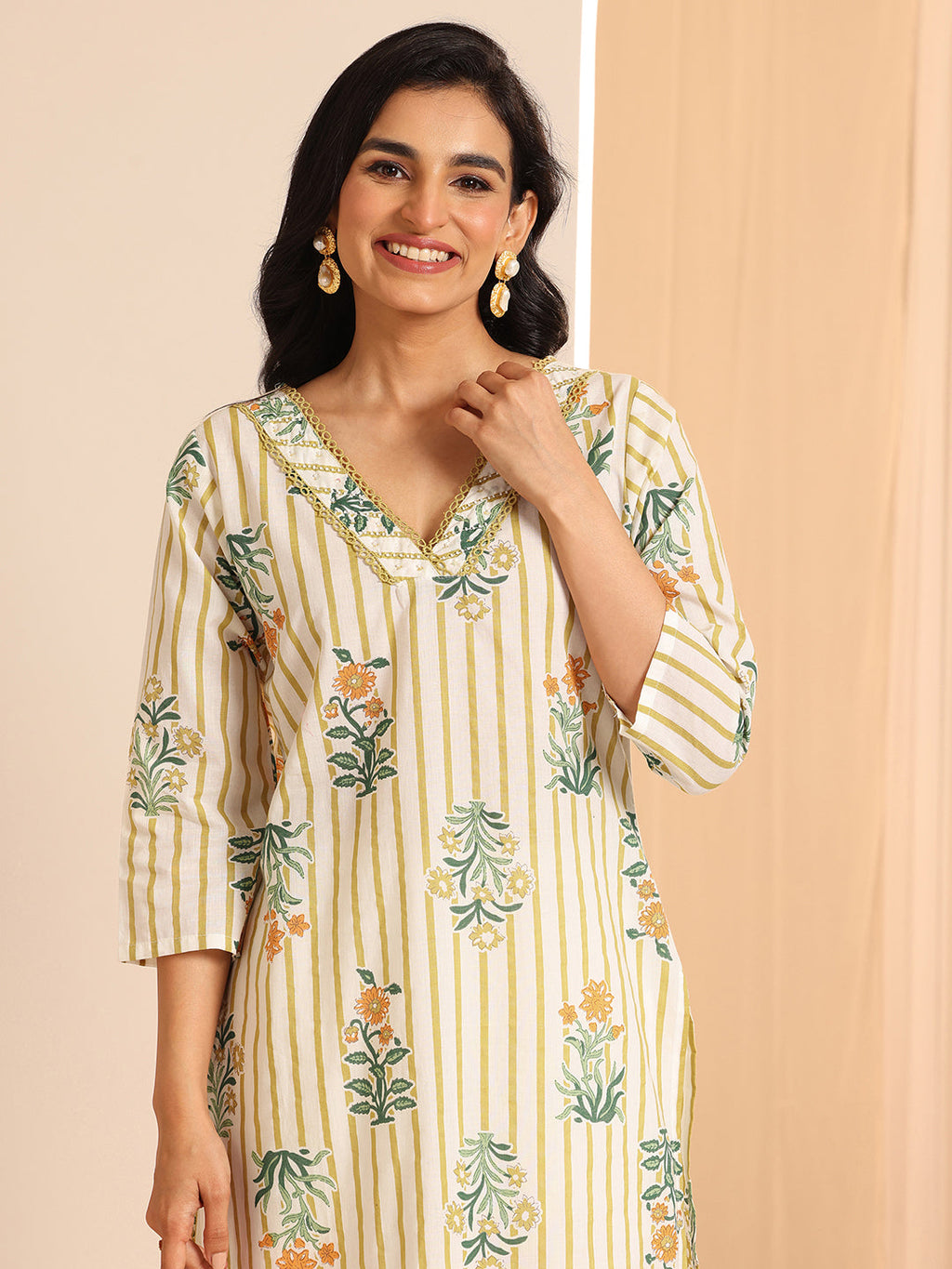 Libas Off White Printed Cotton Straight Suit Sets With Dupatta