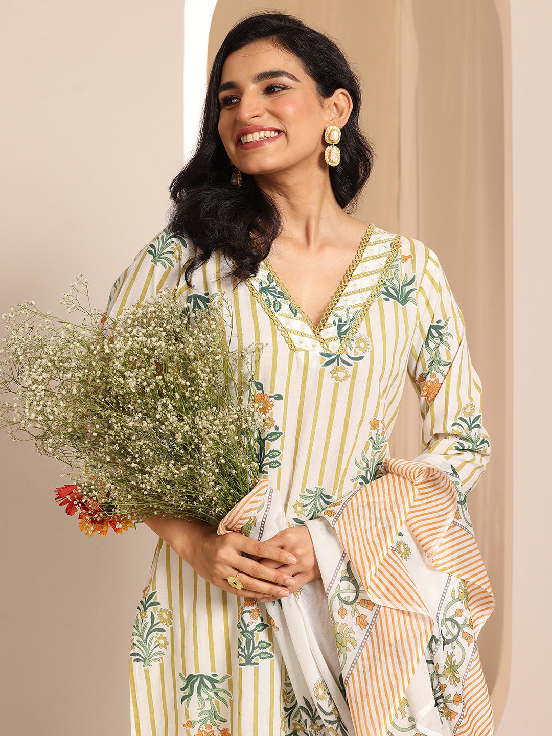 Libas Off White Printed Cotton Straight Suit Sets With Dupatta