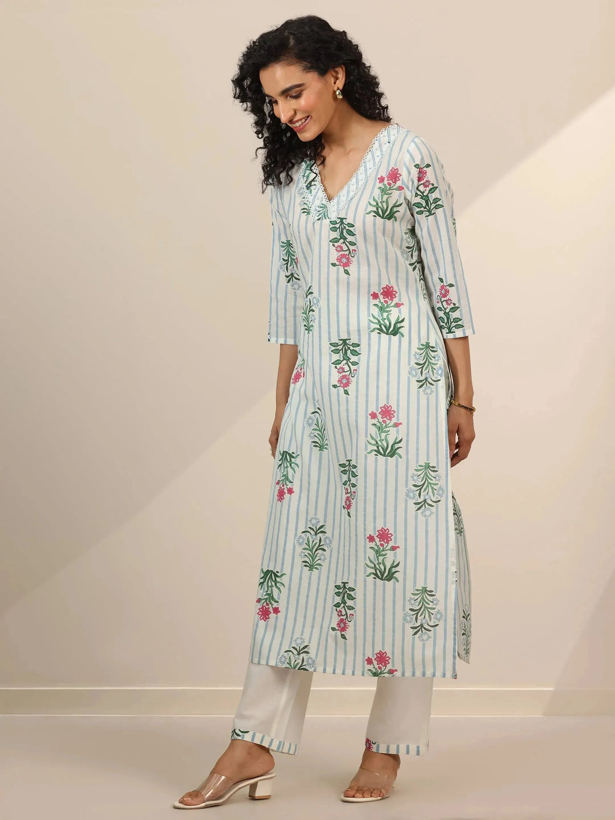 Libas Off White Printed Cotton Straight Suit Sets With Dupatta