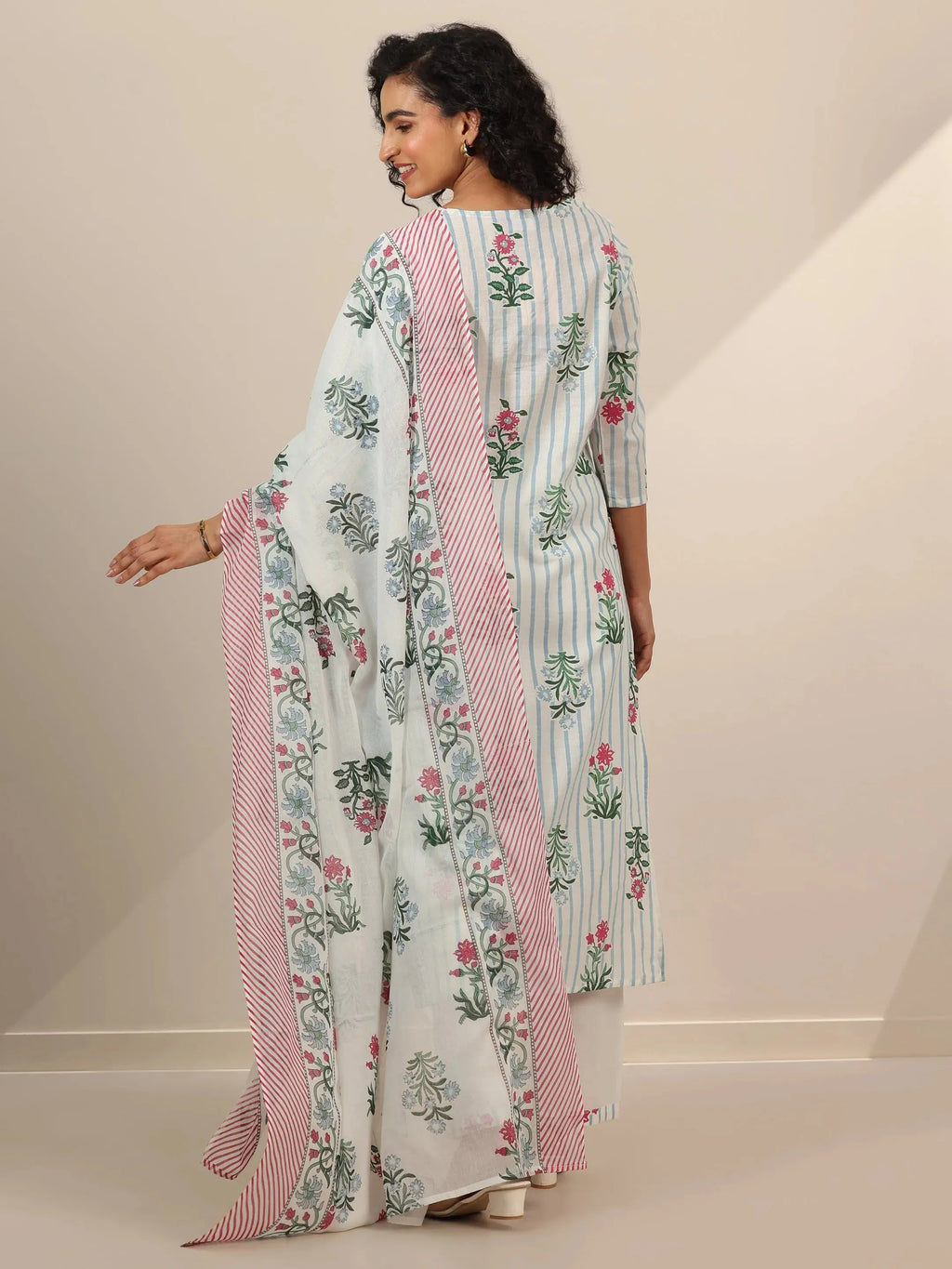 Libas Off White Printed Cotton Straight Suit Sets With Dupatta