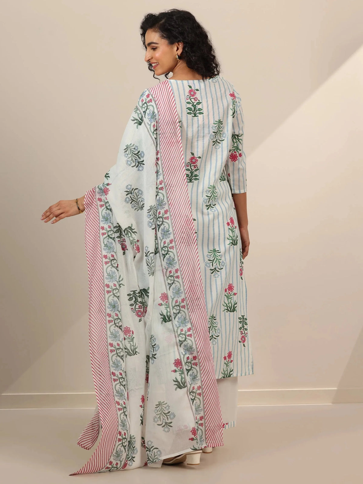 Libas Off White Printed Cotton Straight Suit Sets With Dupatta