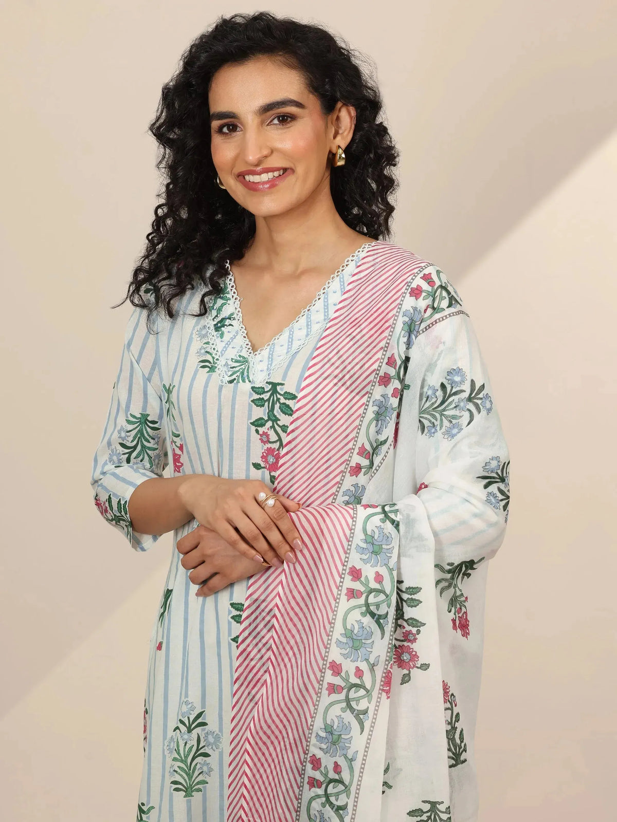 Libas Off White Printed Cotton Straight Suit Sets With Dupatta