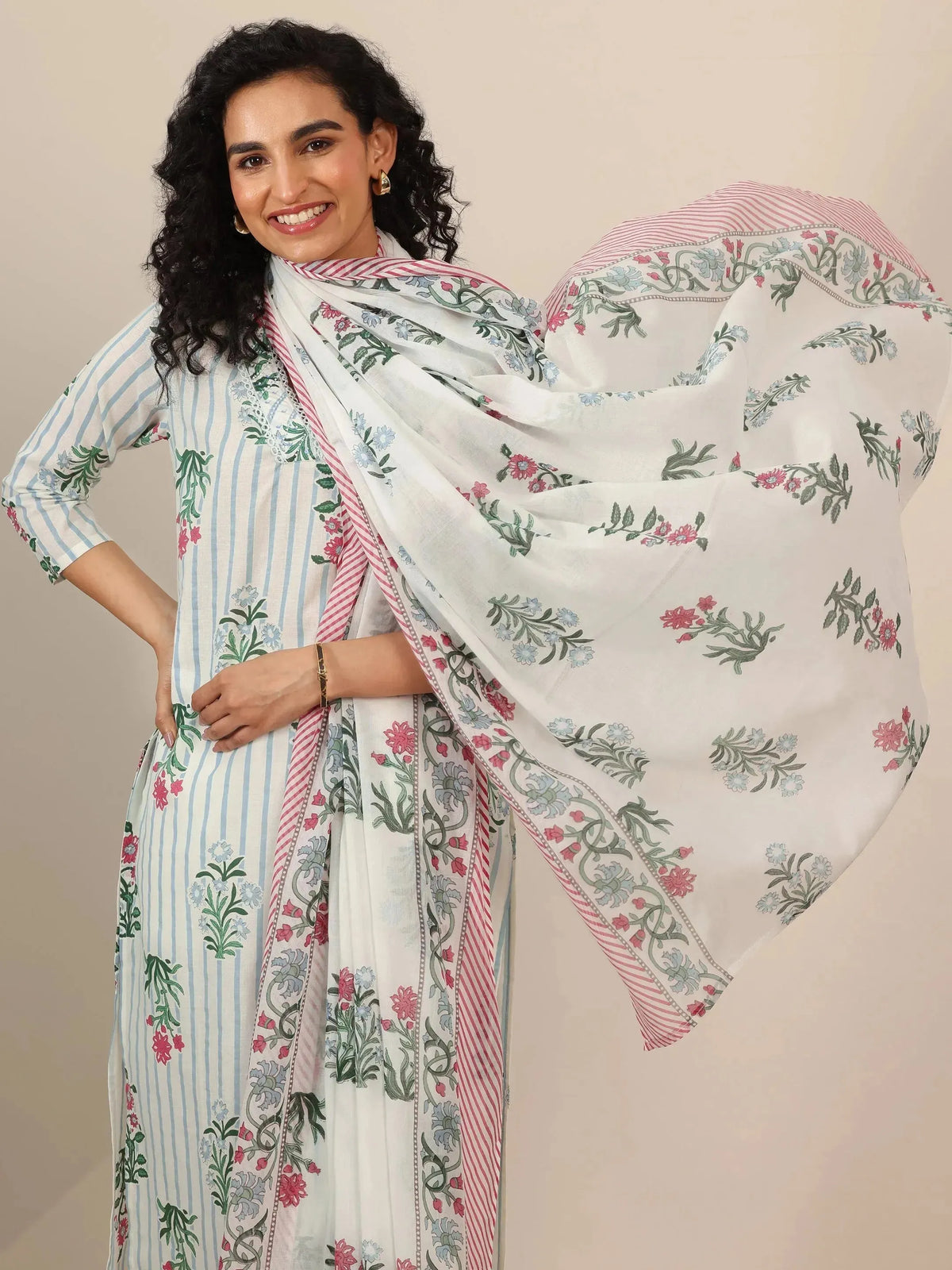 Libas Off White Printed Cotton Straight Suit Sets With Dupatta