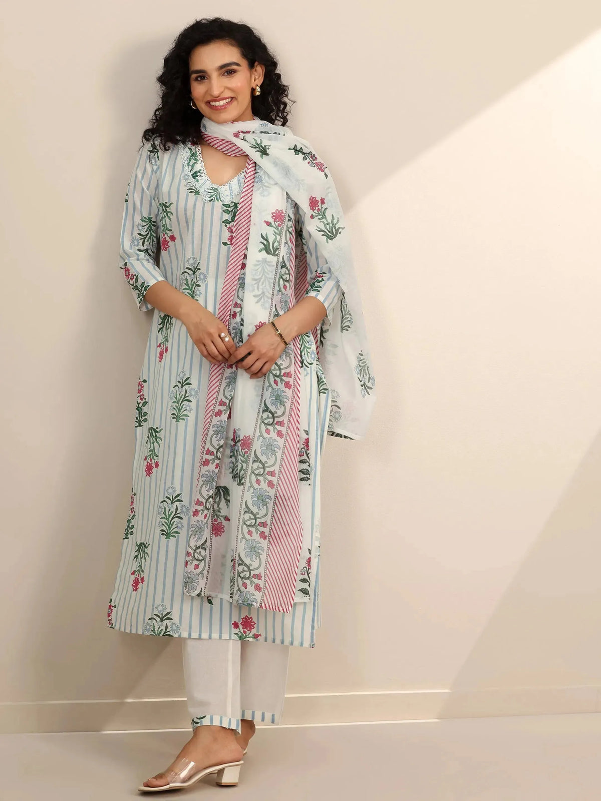 Libas Off White Printed Cotton Straight Suit Sets With Dupatta