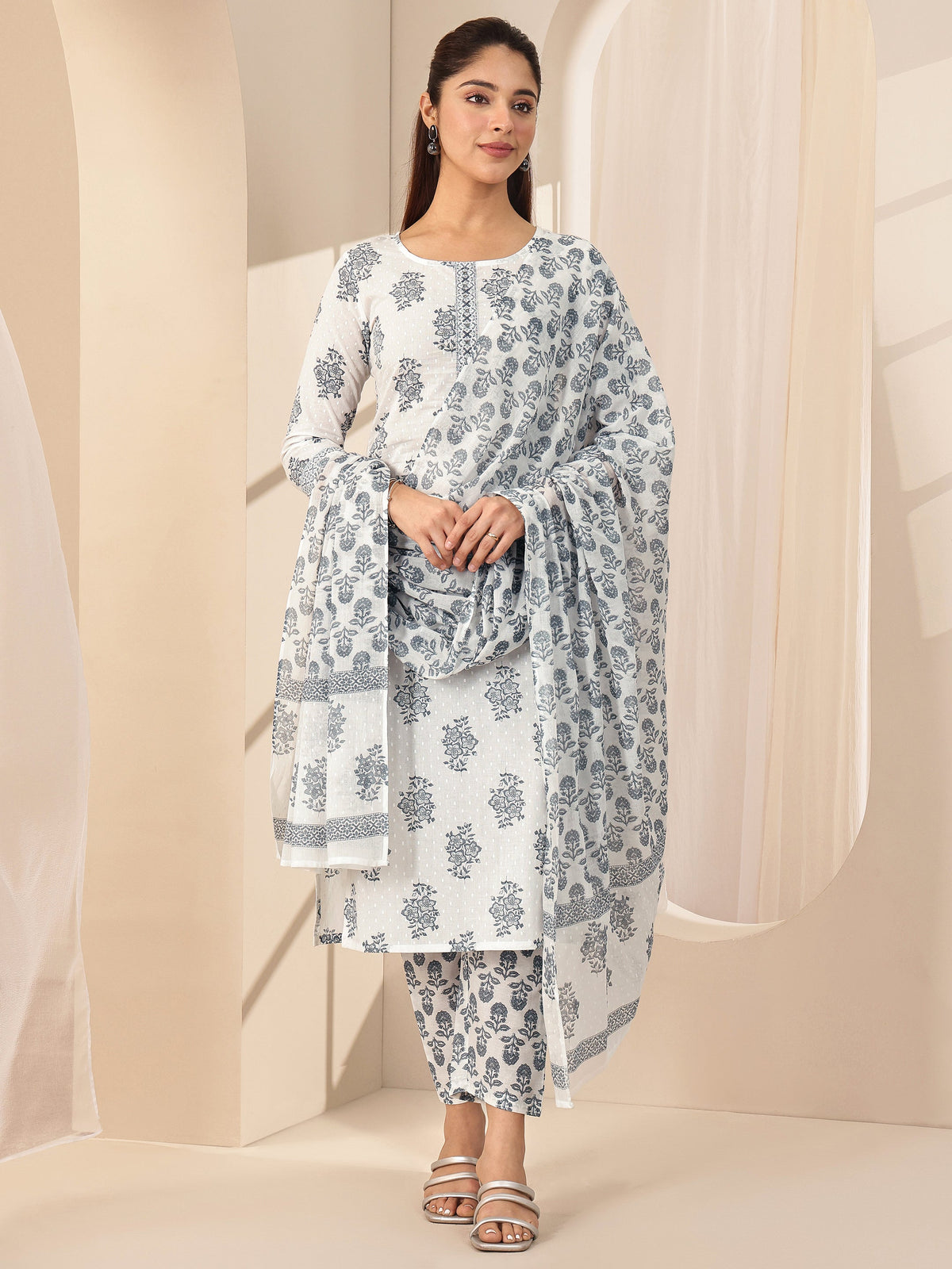 Libas Off White Printed Cotton Straight Suit Sets With Dupatta