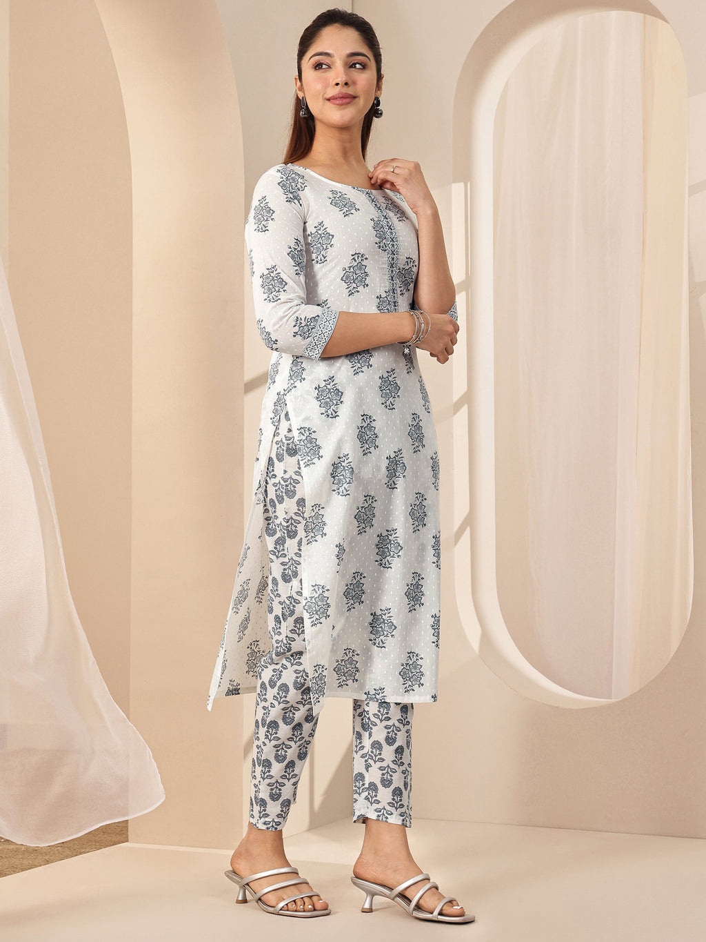 Libas Off White Printed Cotton Straight Suit Sets With Dupatta