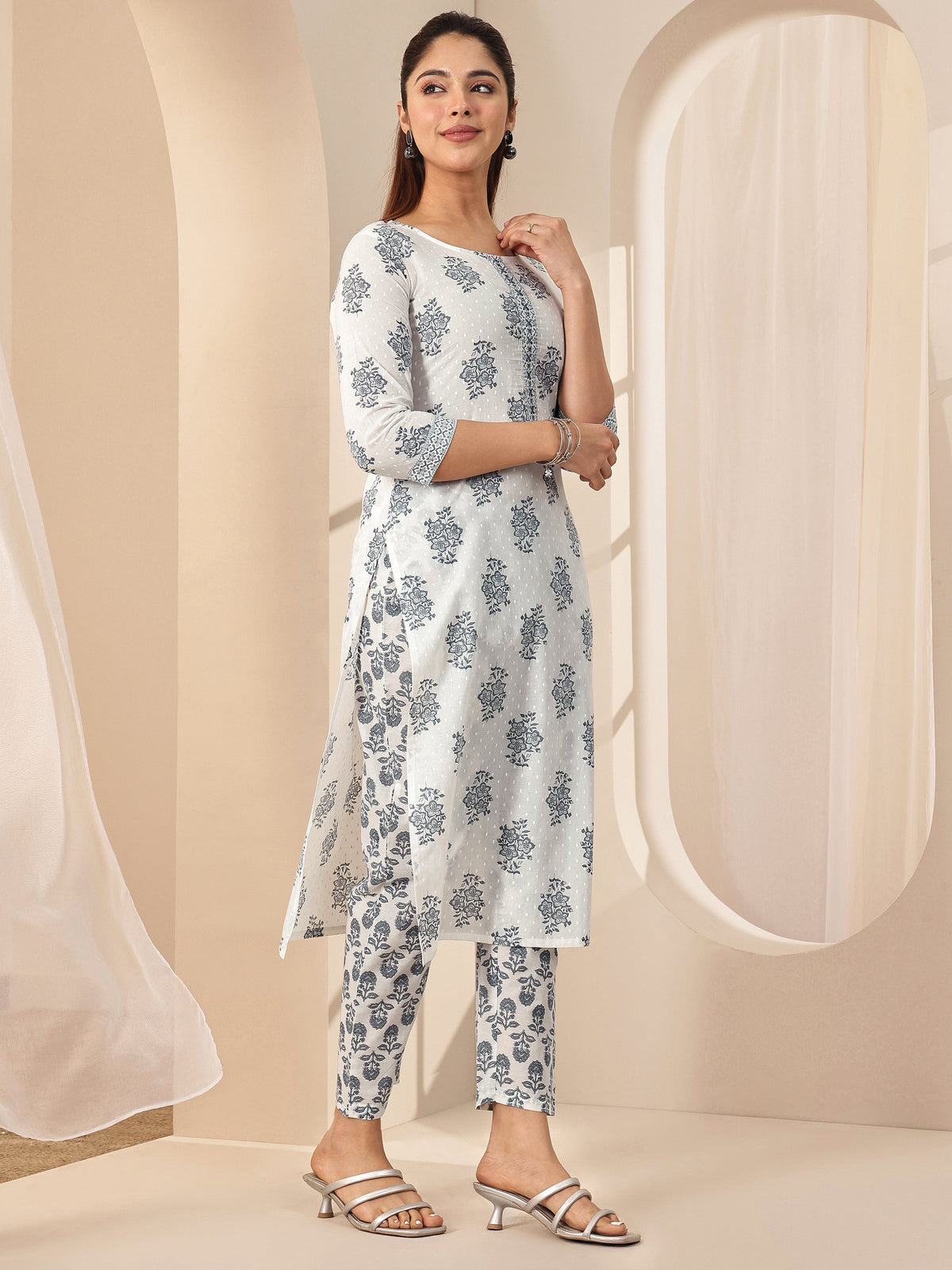 Libas Off White Printed Cotton Straight Suit Sets With Dupatta