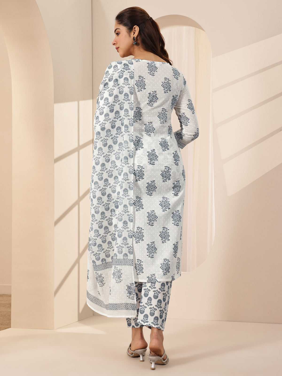 Libas Off White Printed Cotton Straight Suit Sets With Dupatta