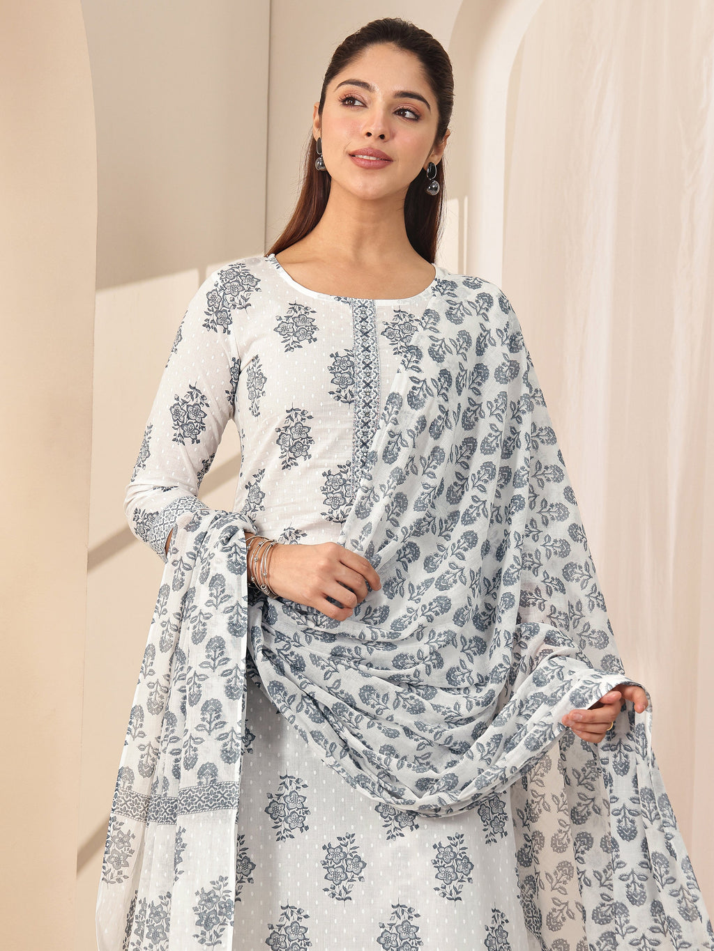 Libas Off White Printed Cotton Straight Suit Sets With Dupatta