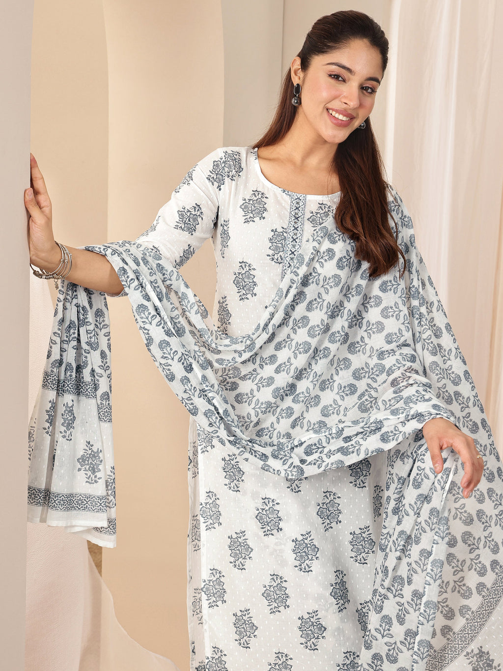Libas Off White Printed Cotton Straight Suit Sets With Dupatta