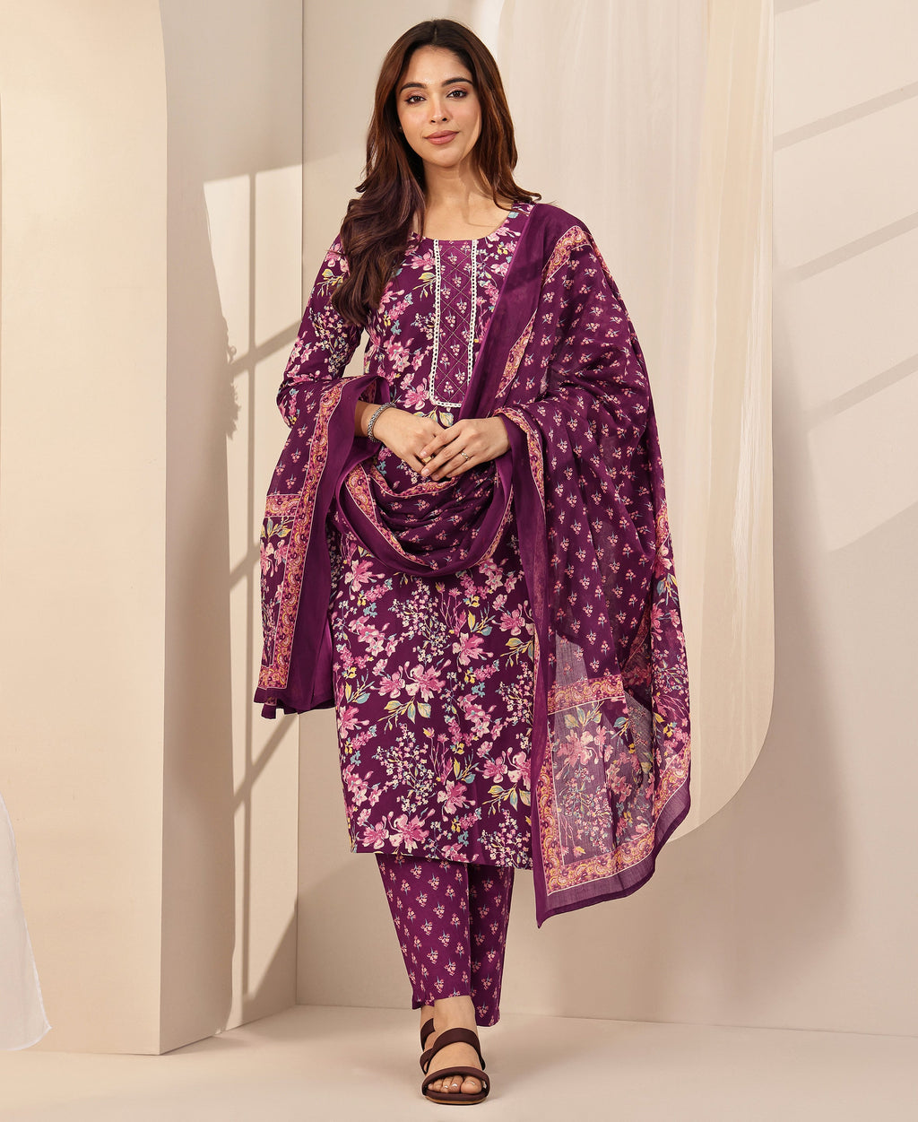 Libas Wine Printed Cotton Straight Suit Sets With Dupatta