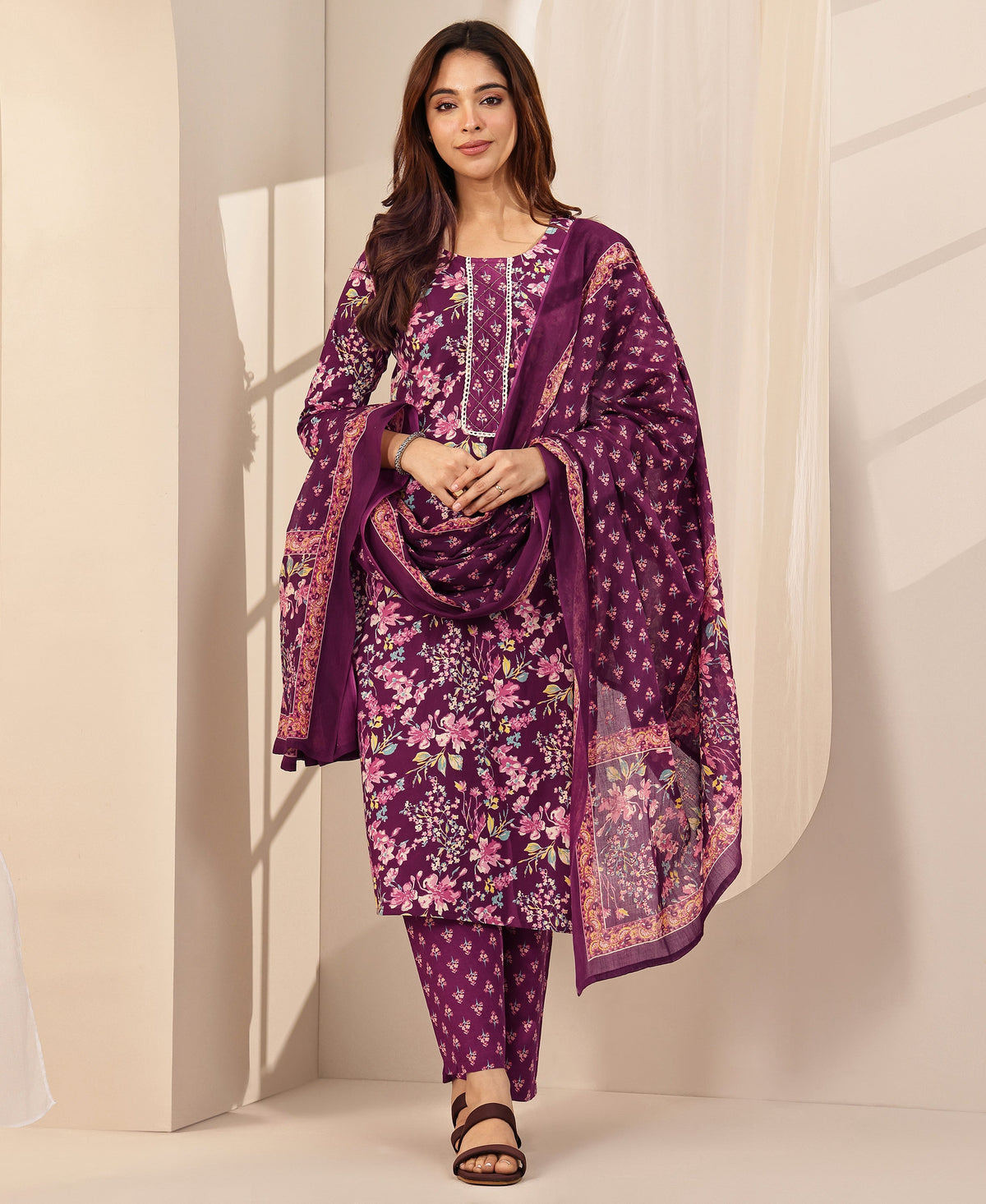 Libas Wine Printed Cotton Straight Suit Sets With Dupatta